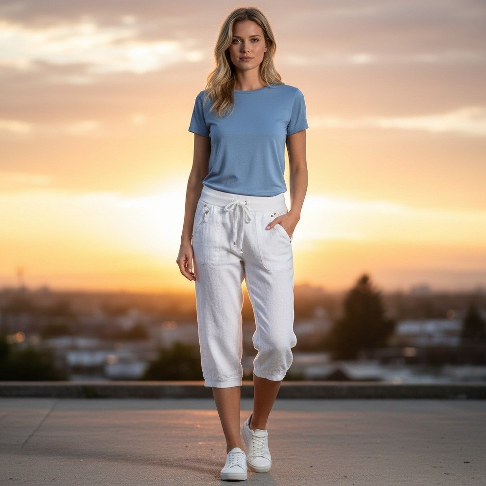 Guess White Linen Capri Pants Drawstring Jogger XS